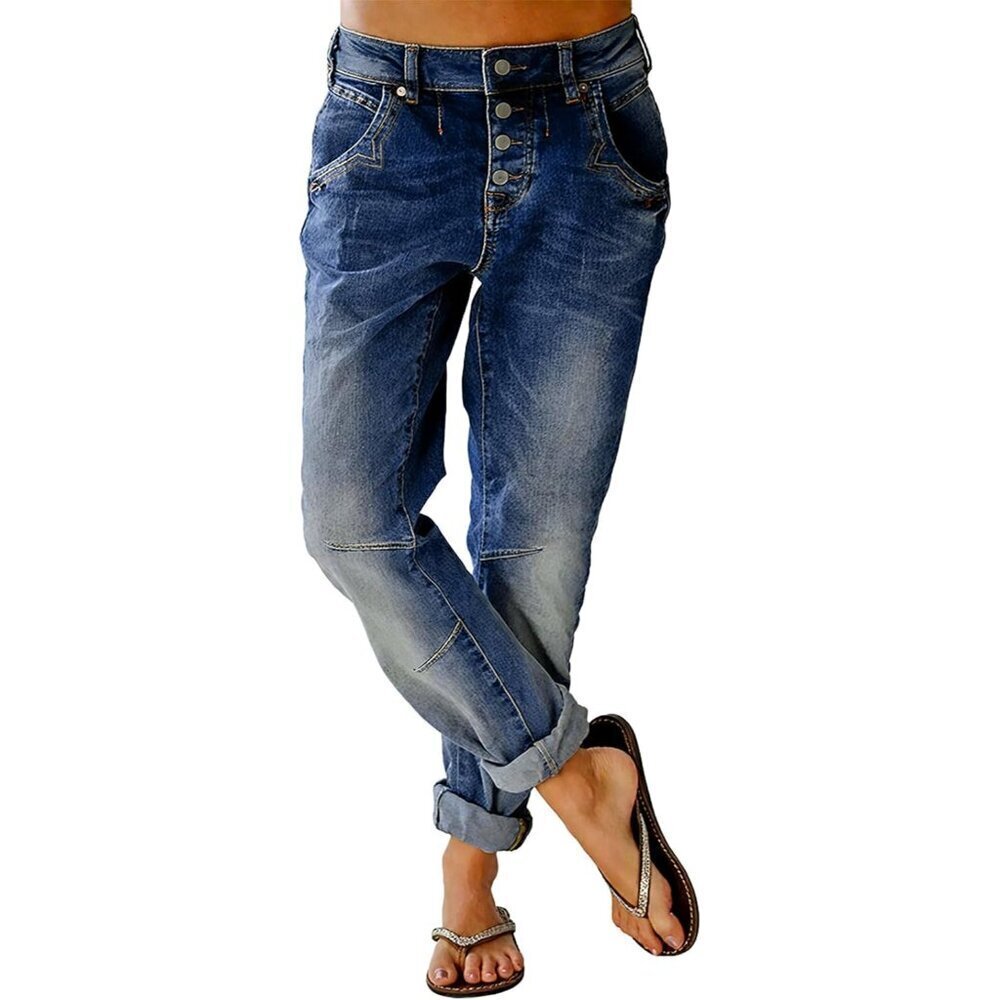 Women's Stretch Denim Jeans Low Rise Straight Leg Casual Button Fly
